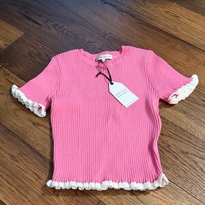 English Factory Pink Rib Knit Top with Cream Ruffle Trim SZ M NWT